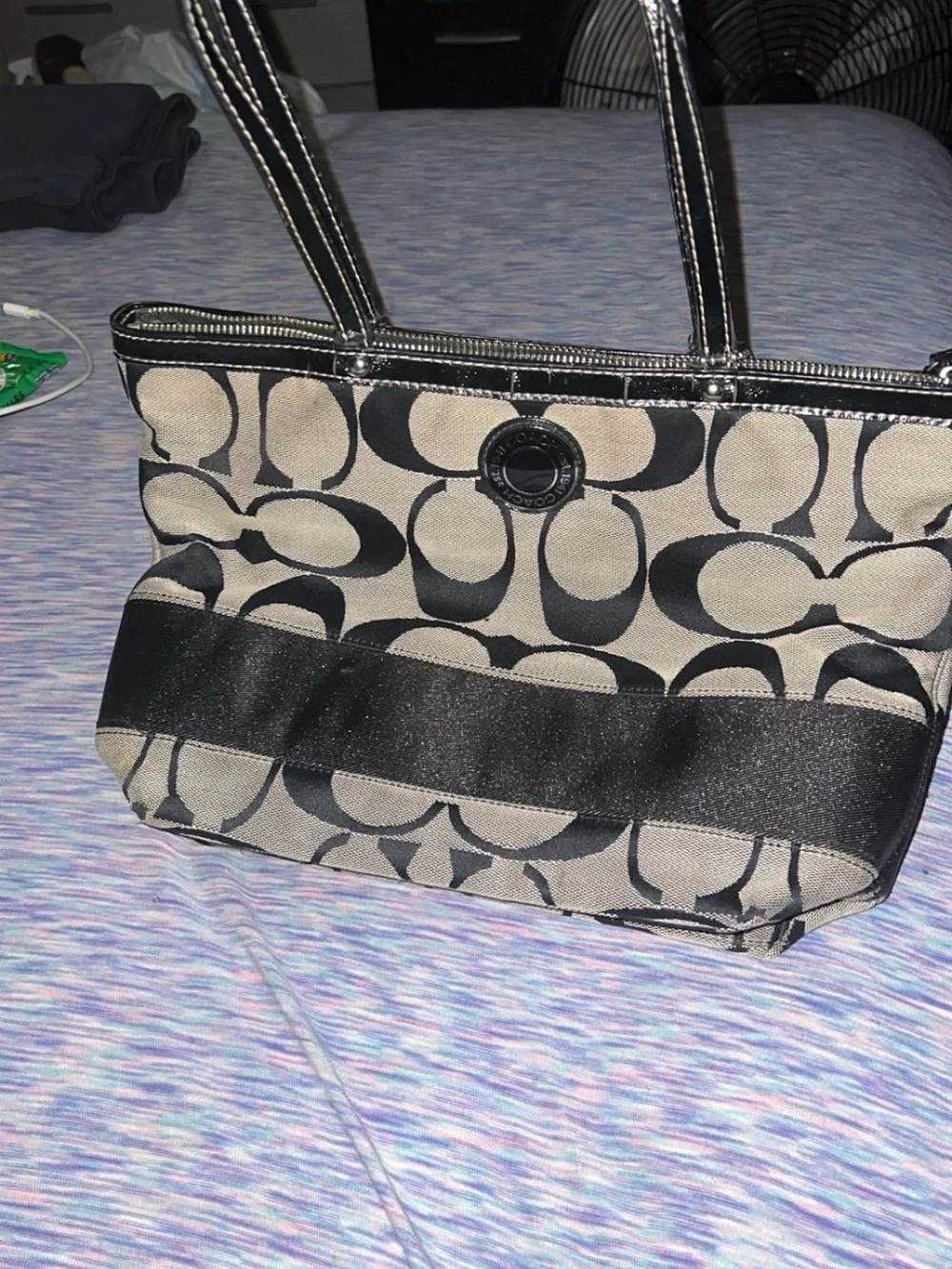 Coach Canvas Tote in Khaki and Black Signature Print